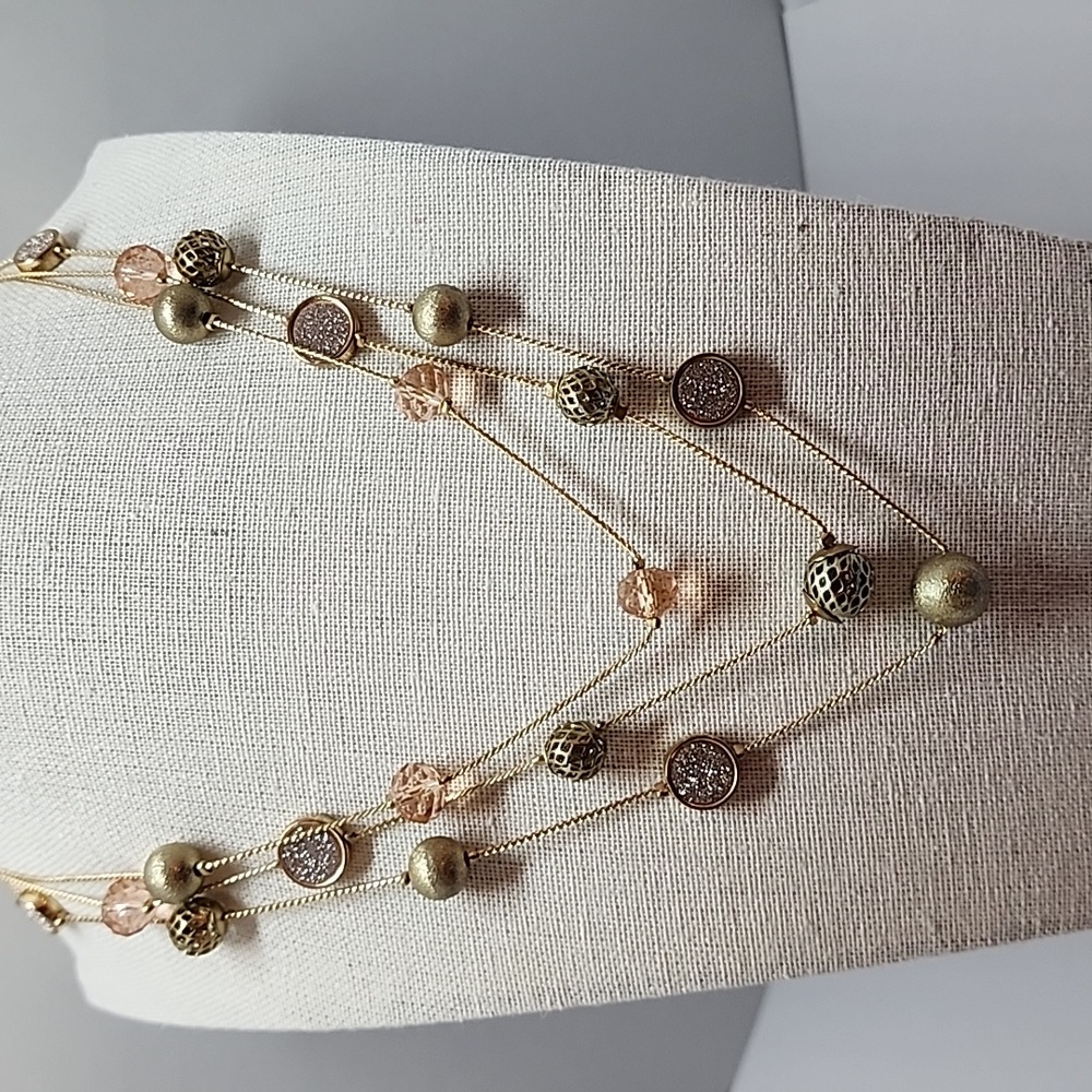 Three Strand Station Bead Ball Crystal Faux Pave Necklace - Picture 1 of 8